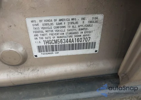 2004 Honda Accord 2.4 Lx z USA, uszkodzony, nr VIN 1HGCM56344A160707